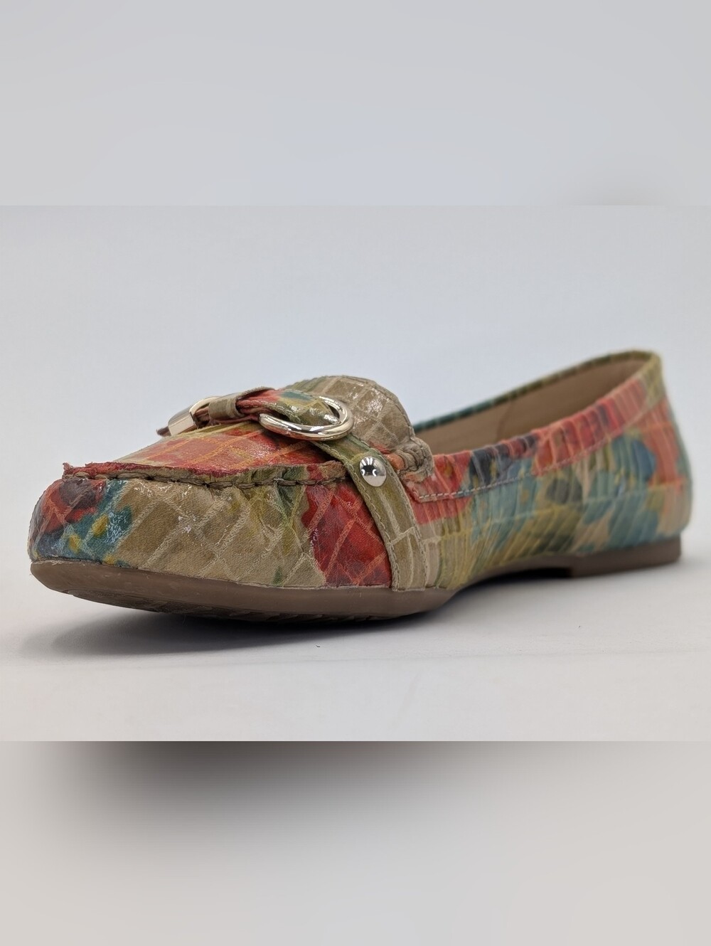 Anne Klein iflex Savina Sz 7.5 Multicolor Coral/Teal Croc Loafers Gold Buckles - Picture 6 of 16